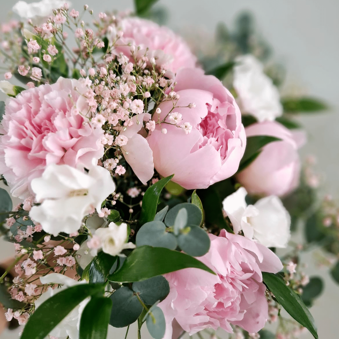 Vaaleanpunaiset pionit ja neiikat valkoisella harsokukalla koristeltuna kukkakimpussa.